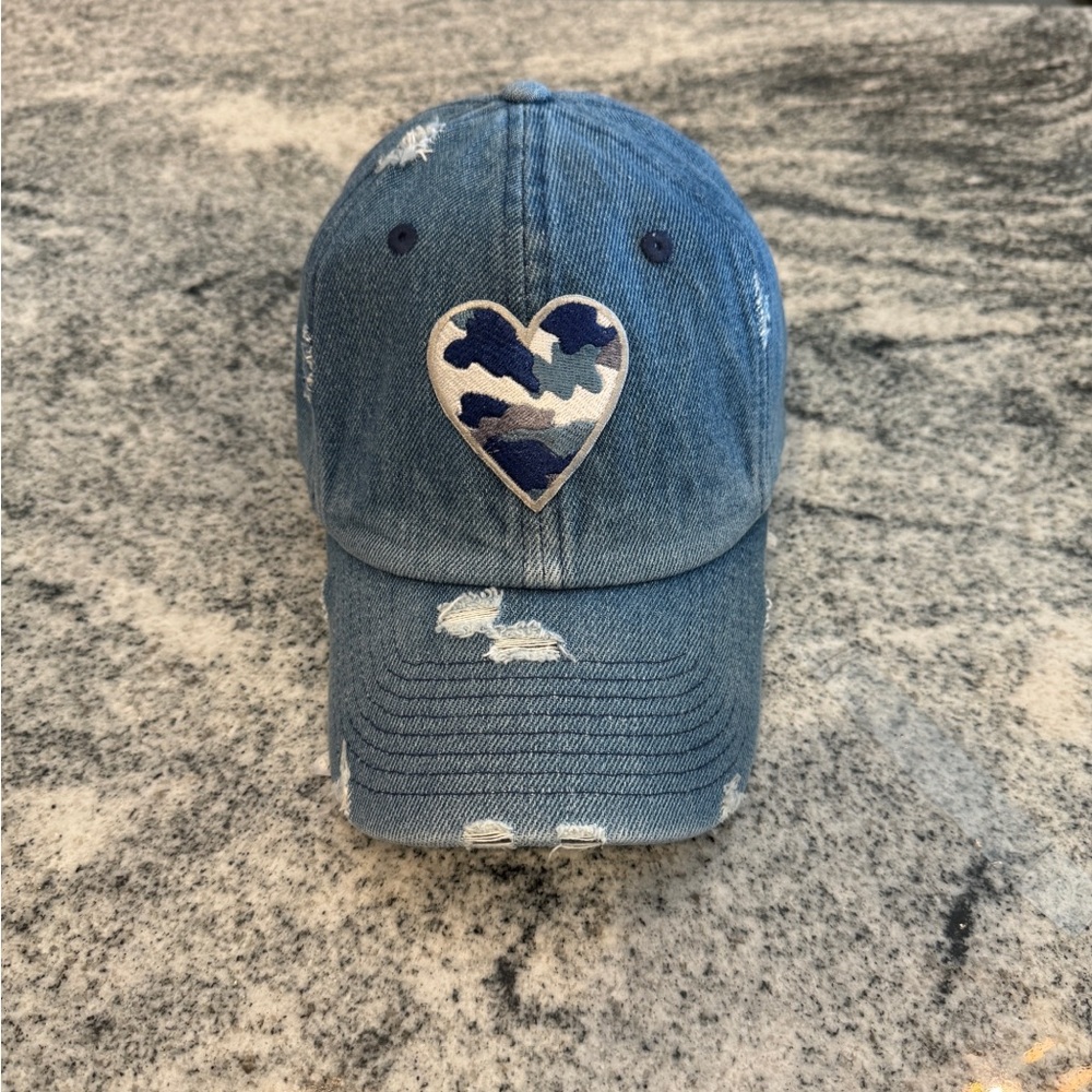 New Custom Designed Blue Distressed Baseball Cap with Blue Camouflage Heart